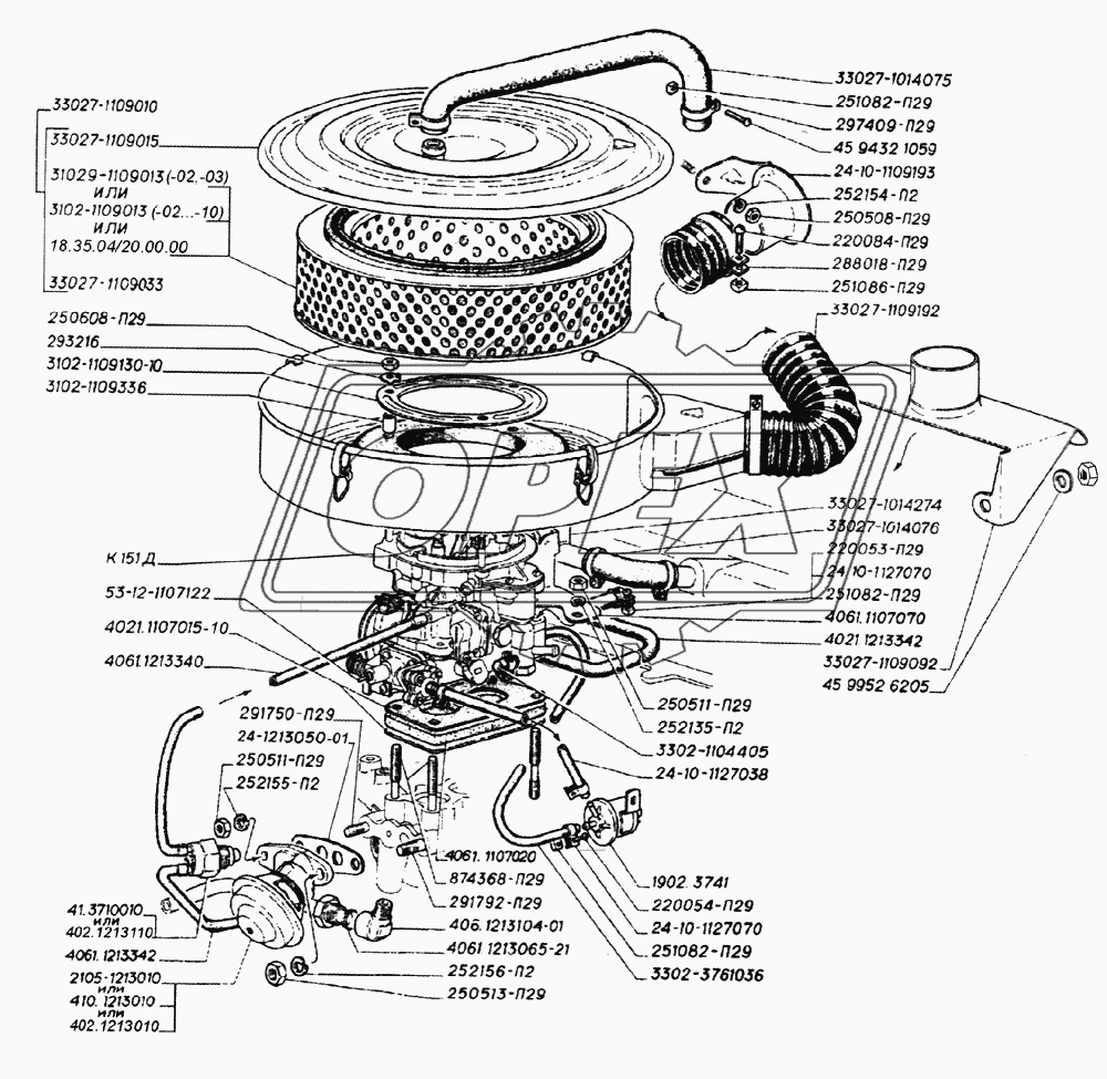 Карбюратор, фильтр воздушный, электромагнитный клапан, клапан рециркуляции с термовакуумным выключателем, вентиляция картера двигателей ЗМЗ-406