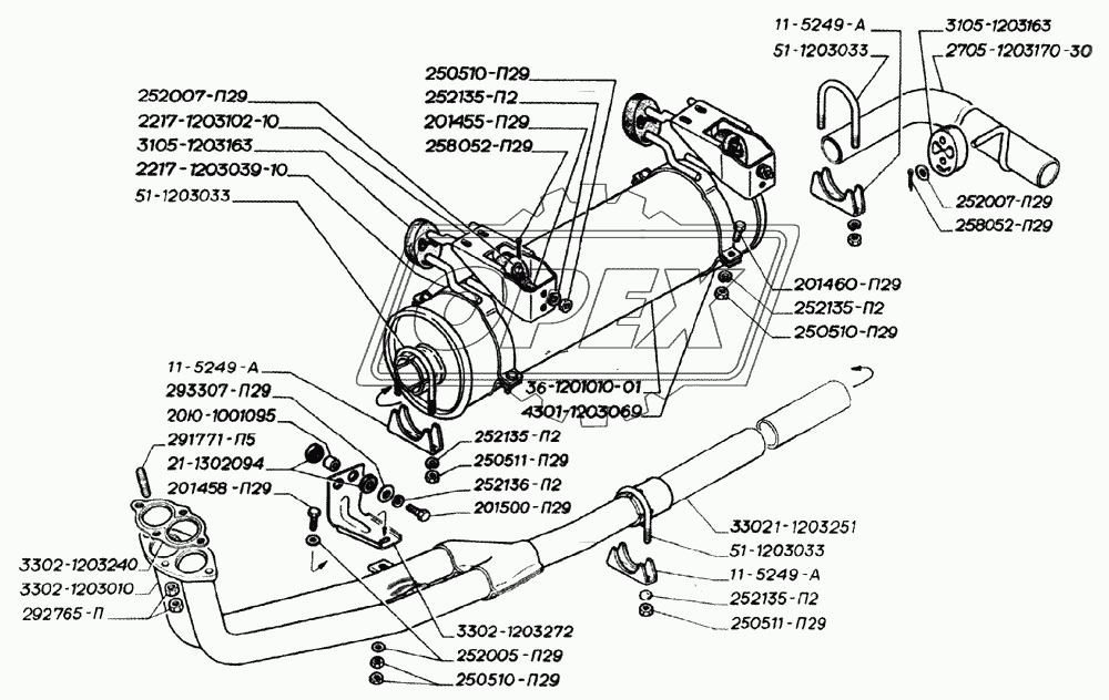 Глушитель, резонатор, трубы и подвеска глушителя двигателей ЗМЗ-406 (для автомобилей выпуска с августа 2003года)