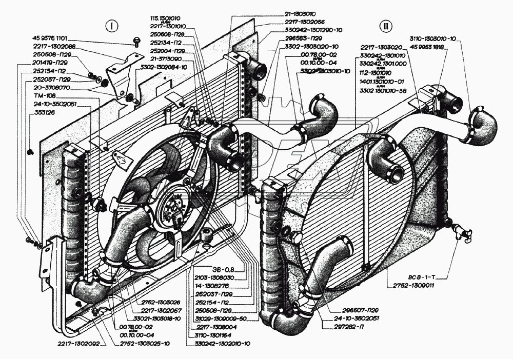 Радиатор двигателей ЗМЗ-406 (для автомрбилей выпуска с октября 2002 года): I-с электровентилятором, II-с механическим приводом