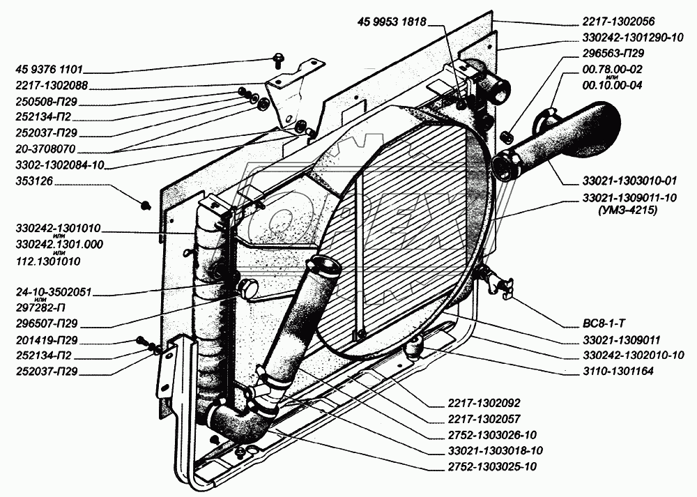 Радиатор двигателей ЗМЗ-402 (для автомобилей выпуска с октября 2002 года)