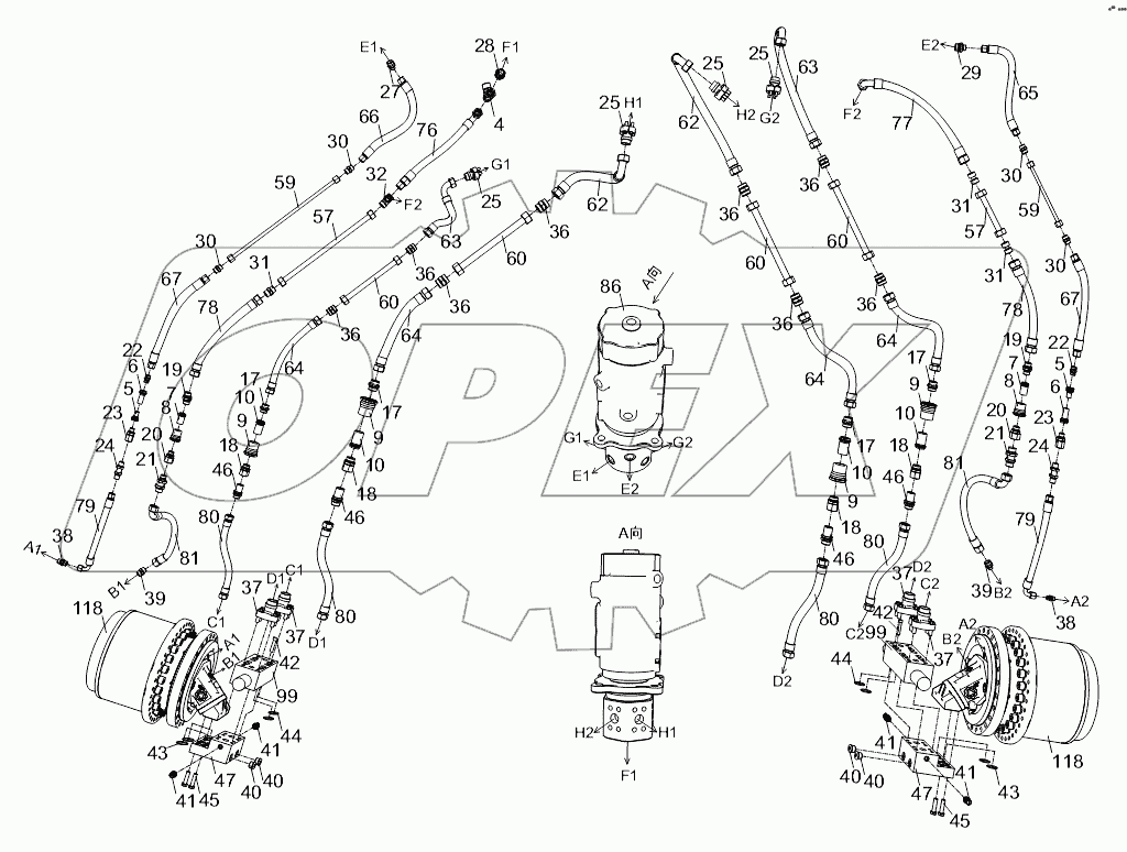 PIPE LAYOUT – UNDERCARRIAGE HYDRAULIC SYSTEM D00663111700000000Y