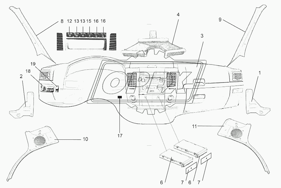 Приборная панель (торпеда), обивка передних стоек изнутри