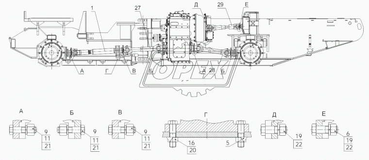5256-2201010-91 Вал карданный ЛАЗ (L=620+58 мм., 8 отв., ЛАЗ-699Н) задний мост БЕЛКАРД