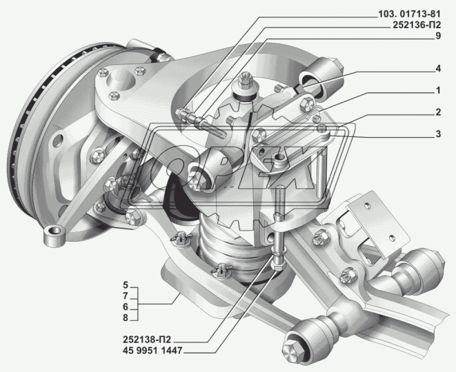 3110-2901012-30 Подвеска передняя с тормозами в сборе ГАЗ-3110,31105 (без ГУР, шаровые опоры) ГАЗ