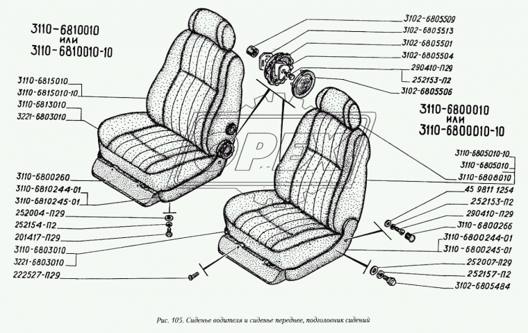 3110-6810010-10 Сиденье пассажирское (ткань) с подголовником и ручками регулировки в сборе (290х125х200) ГАЗ