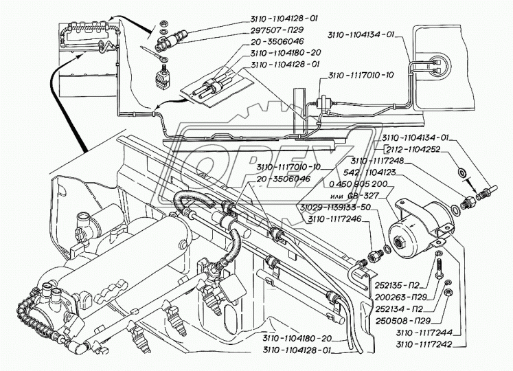 3110-1104128-01 Трубка со шланг.(сталь+рез) ф8; L=4150 Ш=М14+К17/Ш=М14+К17 от фильтра тон.оч.топл. к топл/пров. ГАЗ