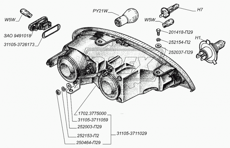 1702.3775000 Фара лев.головного света (ГАЗ-31105) (371х380х210) ОСВАР