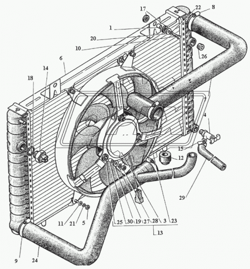 38.3780 Электровентилятор 12V(11 лопаст) радиатора ГАЗ-3110,31105,Газель (дв.ЗМЗ-405,406,409) GAZ 2217 2.3i 1997 - GAZ 2705 2.3i 1997 - GAZ 2752 2.3i 1997 - G КЗАЭ