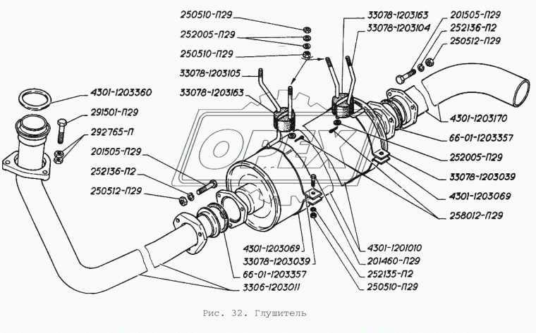4301-1203170 Труба ф63 L=450; 1 треуг.фланец 3отв.ф11 кривая, выхлопная ГАЗ
