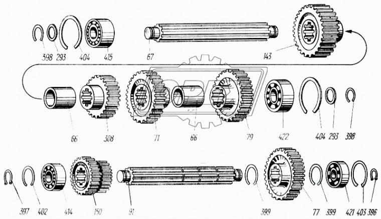 150.37.155-4 Вал ф45/ф50 шлиц=8 L=440 Т-150 заднего хода
