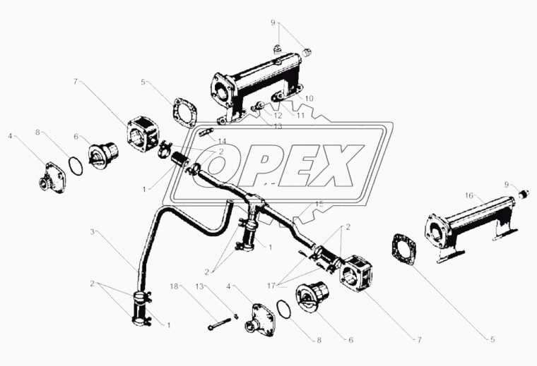 236-1003290-В Труба (алюм.) L=300; 2 ромбич.фланца/1 квадр.фланец; 2отв.М14х1,5/М16х1,5 водяная правая термост ЯМЗ