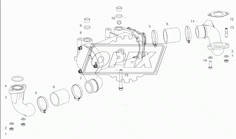 7511.1013724 Патрубок кривой (1 изг. ПВХ) ф56 L=220 ромб. фланец 2отв.ф11 ЯМЗ-236НЕ,БЕ,7601,7511 подводящий теплообменника; пластик