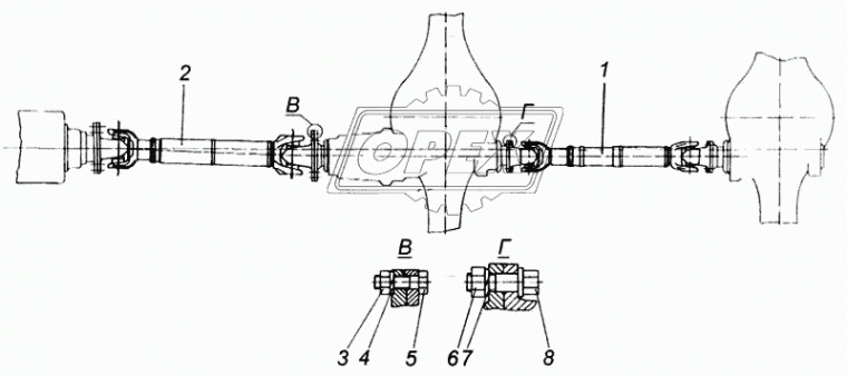 53212-2205011-11 Вал карданный КамАЗ (L=1490+159 мм., 8 отв., КАМАЗ-53212 (93-) средний мост КАМАЗ