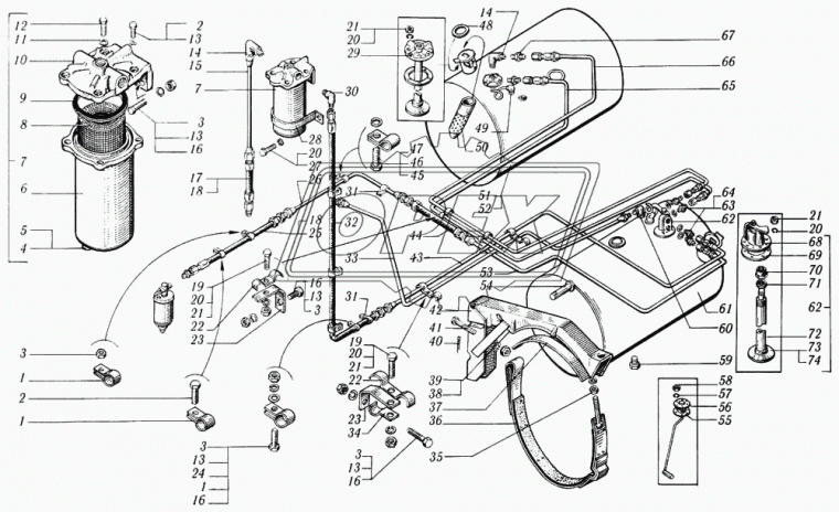 6444-1104559 Трубка (сталь) ф10; L=1720 Г=М16+К19/Г=М16+К19 топливная от бака к шлангу, кривая КрАЗ