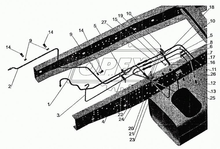533602-1104617 Трубка ф6; L=2100 Г=М10+К12/Г=М10+К12 со шлангом отводящая от форсунок МАЗ