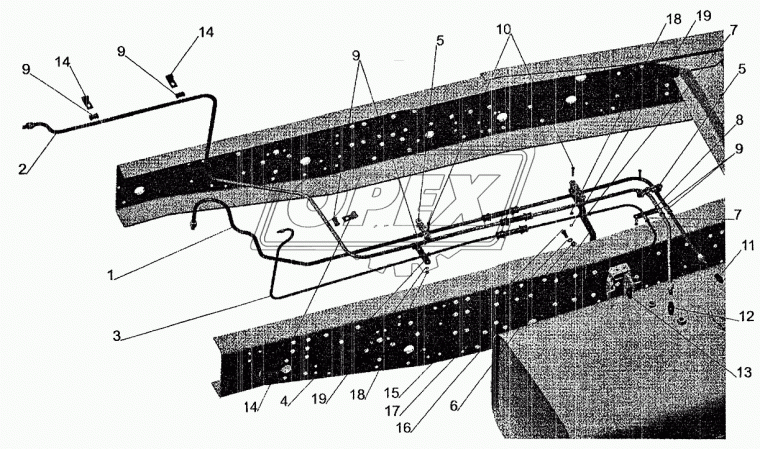 53362-1104586-10 Трубка (медь со шлангом) ф10; L=3000 Г=М16+К19/Г=М16+К19 отводящая МАЗ