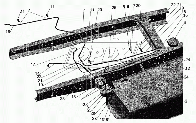 630308-1104586-010 Трубка (сталь+медь) ф10 L=3600 Г=М16+К19/Г=М16+К19 со шлангом отводящая МАЗ