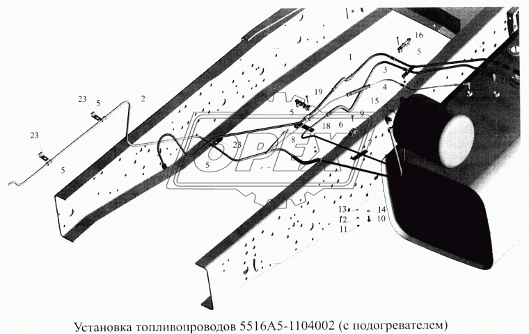 5516А5-1104586 Трубка (сталь+медь) ф10 L=3200 Г=М16+К19/Г=М16+К19 топливная со шлангом МАЗ