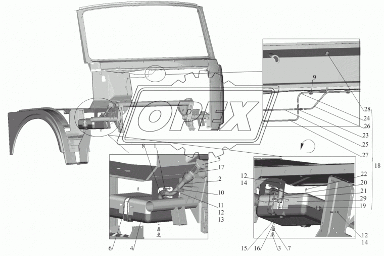 СЭАТ-22 Бачок омывателя в сборе с насосом для МАЗ-5516А5 МАЗ-6303A3 МАЗ-6303A5 МАЗ-6422 МАЗ-5432 МАЗ-651705 МАЗ-551669 МАЗ-555102 МАЗ-5551А2; 24в 10л н/о Экран