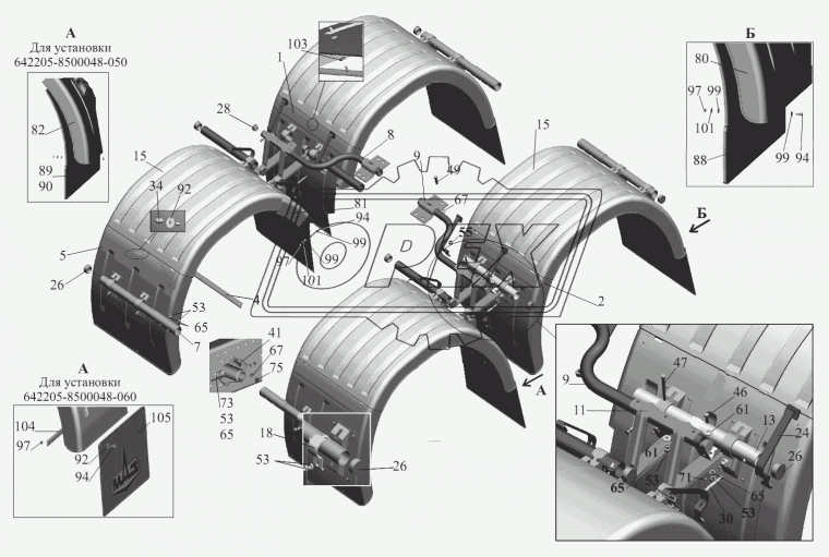 6430-8511011-060 Крыло заднее МАЗ платформы (ПВХ) 650х700 с кронштейнами боковое (вырез слева) МАЗ