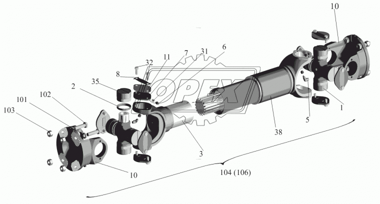 54402-2201010 Вал карданный МАЗ (L=1603+60 мм., 4 отв., МАЗ-54402) задний мост БЕЛКАРД