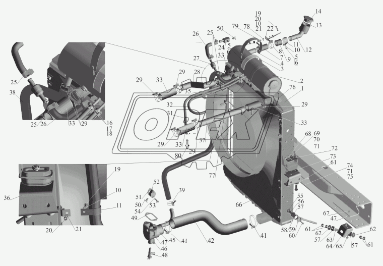 54401-1303260 Шланг (патрубок) кривой (2 изг.) ф70х80 L=420 МАЗ нижний отводящий, ЯМЗ Евро-2,3