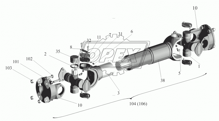 54401-2201010-020 Вал карданный МАЗ (L=1718+60 мм., 4 отв., торц.щлиц., МАЗ-544008,5440,54401) задний мост БЕЛКАРД