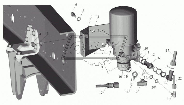543205-3506142 Трубка отвода воздуха МАЗ со шлангом от компрессора ф15; L=2870 Г=М22+К27/Г=М24+К30 МАЗ