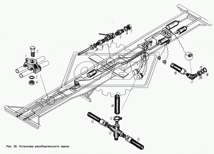 9397-3506302 Фитинг (тройник) Т-образный; Рвнутр=М12х1,5/ Рнаруж=М22х1,5/ Рвнутр=М12х1,5 с крепежн.шпилькой М10х1,5; L=87х40 Соед. шлангов
