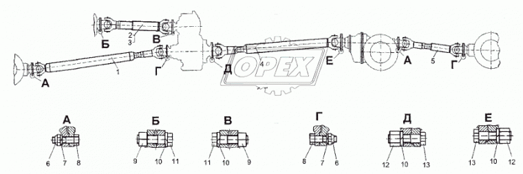 64302-2205010 Вал карданный МоАЗ (L=947+60 мм., 4 отв., МоАЗ-74171) привод РК БЕЛКАРД