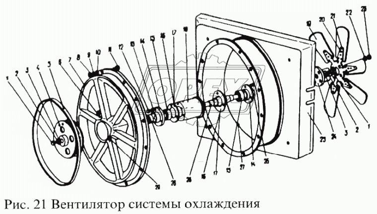 3205-1308010 Крыльчатка вентилятора 6лоп. dпосад=42 креп 4отв d=8 Lлопасти=200 s=100 (разный развор.лопас) ПАЗ