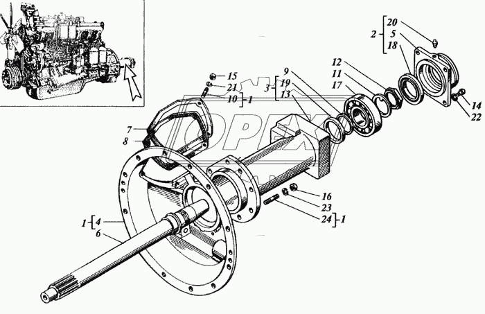 31А-2103-1 Вал сцепления ф40/ф45; шлиц=16; Рвнутр=М24х2 L=555 под шпонку, шлицевой ДОН ст./обр.