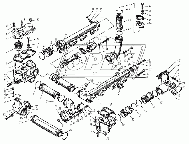 8423.1303176 Коробка водяная с патрубками в сборе ТМЗ-8421-85227 ТМЗ