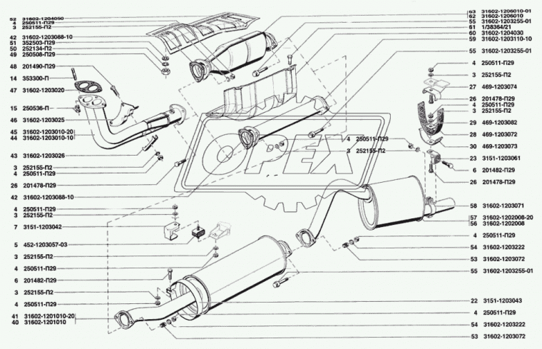 31602-1203020 Прокладка (м/асбест) приемной трубы Газель (дв.ЗМЗ-406,40522,40524) УАЗ Патриот (дв.ЗМЗ-409) С/Ф 82х165; фвнутр=51/51; 4отв.ф11 УАЗ