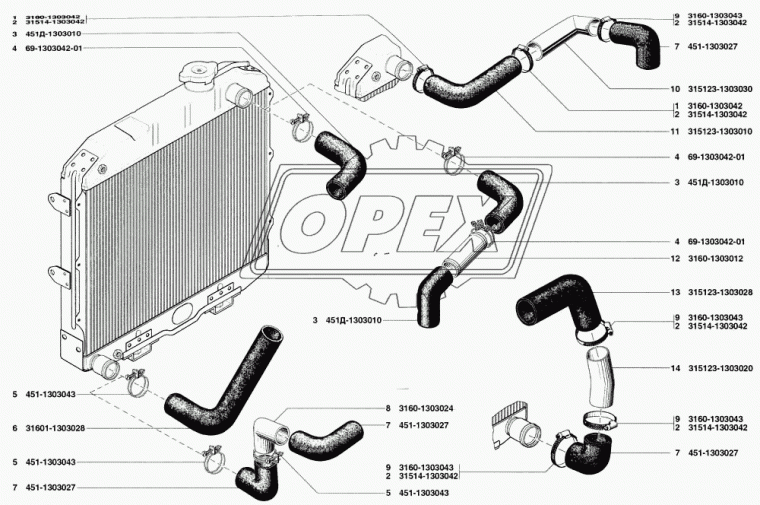 451-1303027 Шланг (патрубок) кривой ф42х52 L=185 радиатора отводящий нижний БРТИ