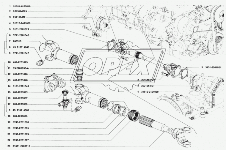 31601-2203010 Вал карданный УАЗ (Lобщ=590) (L=509+55мм., 2 квадр.фланц., 4 отв.ф10) передний, УАЗ-3163,Патриот КПП-5-ступ.,мост Спайсер