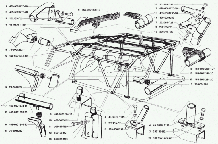 469-6001200-10 Ремень натяжной дуг тента длинный в сборе УАЗ
