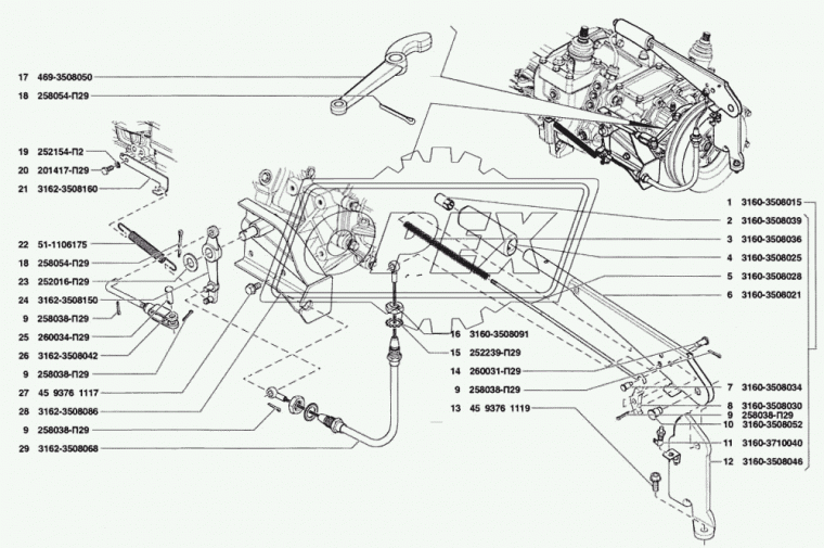 3162-3508068 Трос стояночного тормоза Уаз Патриот (2005-2006гв)ф5 L=570 с наконечниками под болт ф8 в оплетке, жесткий АвтоПартнер