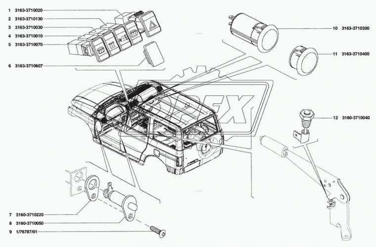 3163-3710020 Выключатель-кнопка 12v 9контактов аварийной сигнализации L=63; 372.3710-05.09 АВАР