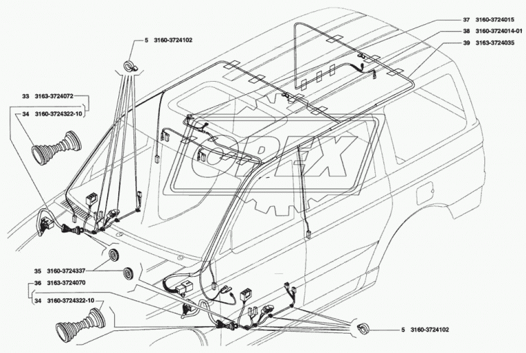 3160-3724014-01 Жгут проводов N2 электропривода вентиляционного люка (в комплектации автомобиля 3163-030) РЫБИНСК