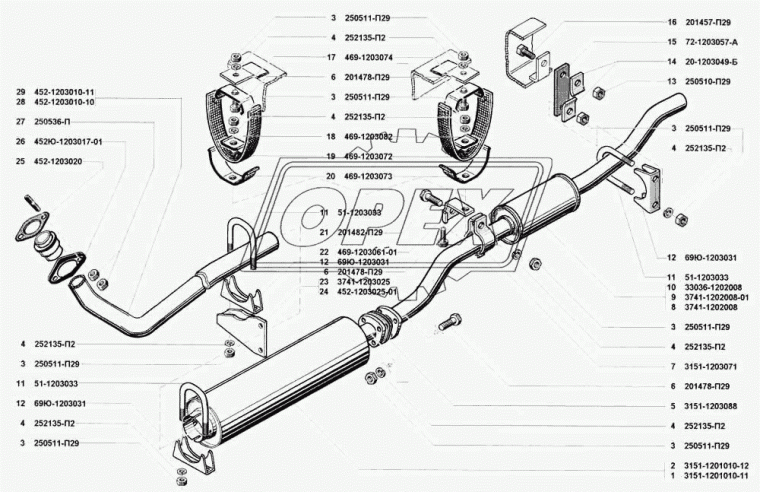 33036-1202008 Резонатор с выпускной трубой УАЗ-452,33036 бортовой dтр.=50,L=1460.треуг.фл.3отв.ф=10 БАКСАН