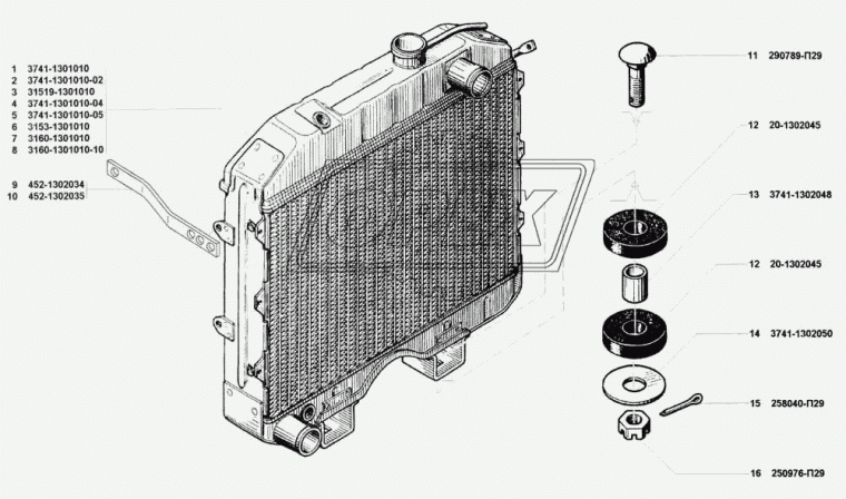 3160-1301010-10 Радиатор водяной УАЗ-3162,31602 (дв.УМЗ-4213,ЗМЗ-409); 3-х рядн.медный, отверст. под датчик 400х520; 1хd=38/1хd=44 ШААЗ
