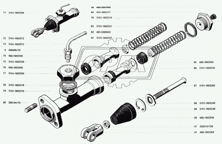РСТ-3741-1602300 Цилиндр сцепления главный ГЦС УАЗ-452,3741 присоединение бачка через трубку; (без вилки) РСТ