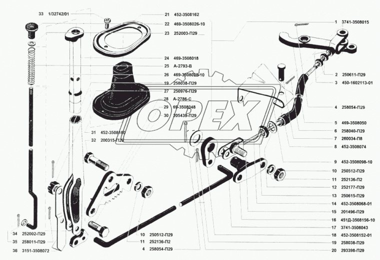 3741-3508015 Рычаг привода стояночного тормоза в сборе УАЗ