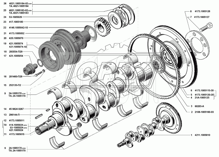 421.1005054 Храповик фвнутр=10; Рнаруж=М24х2 Z=4 h=66 коленвала Газель Бизнес,Некст (дв.УМЗ-4213,4216,А274) УАЗ,ГАЗ,ПАЗ (дв.ЗМЗ-402,410,511,513,523) УМЗ