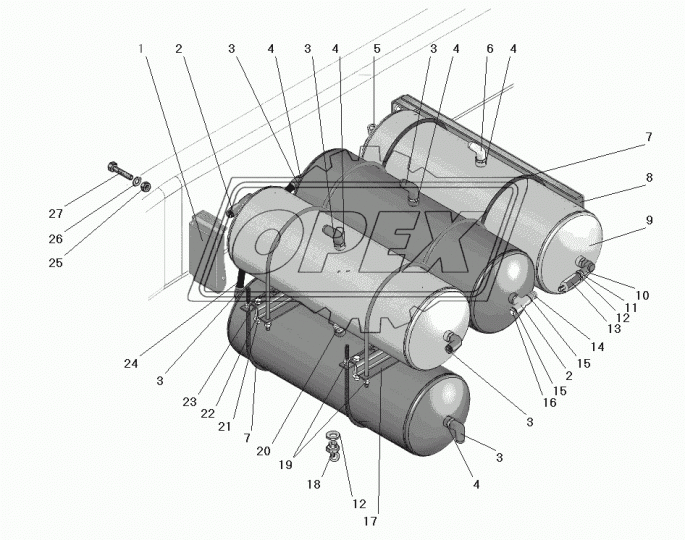 6363-3513080 Кронштейн баллонов передний L=560 s=190 10отв.ф10,2отв.ф14 Урал