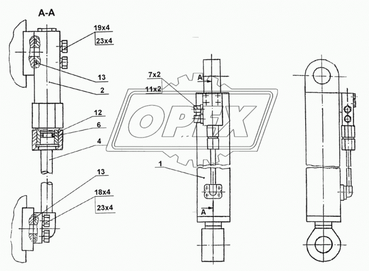 13.20.69.000 Гидроцилиндр опоры-отвала с 2-мя проушинами/2 опоры, 100х63х250 СДМ