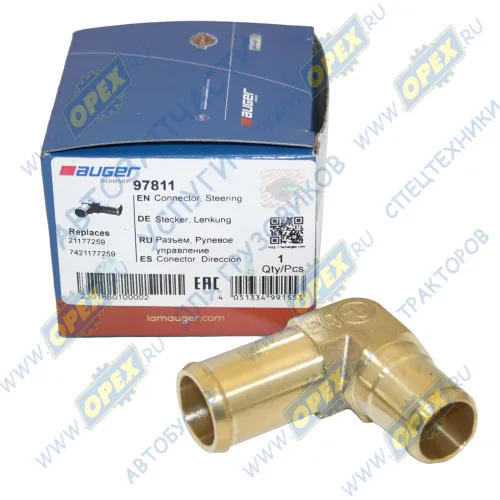 97811 Фитинг (угольник); под шланг ф20/ф22мм RVI C (2013-2020), VOLVO FE6 (1970-2020); (латунь) насоса ГУРа VOLVO Auger