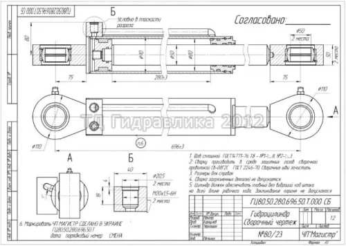 80.50.280.696.50Т Гидроцилиндр рулевой Т-150К,156 МО=696мм MAGISTER1