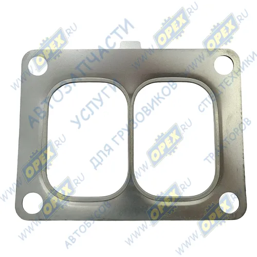 612630110725 Прокладка (сталь) прямоуг. 124х95 2 внутр. отв. 63х45 4 отв. ф11 с выступом турбокомпрессора WP13 Shaanxi
